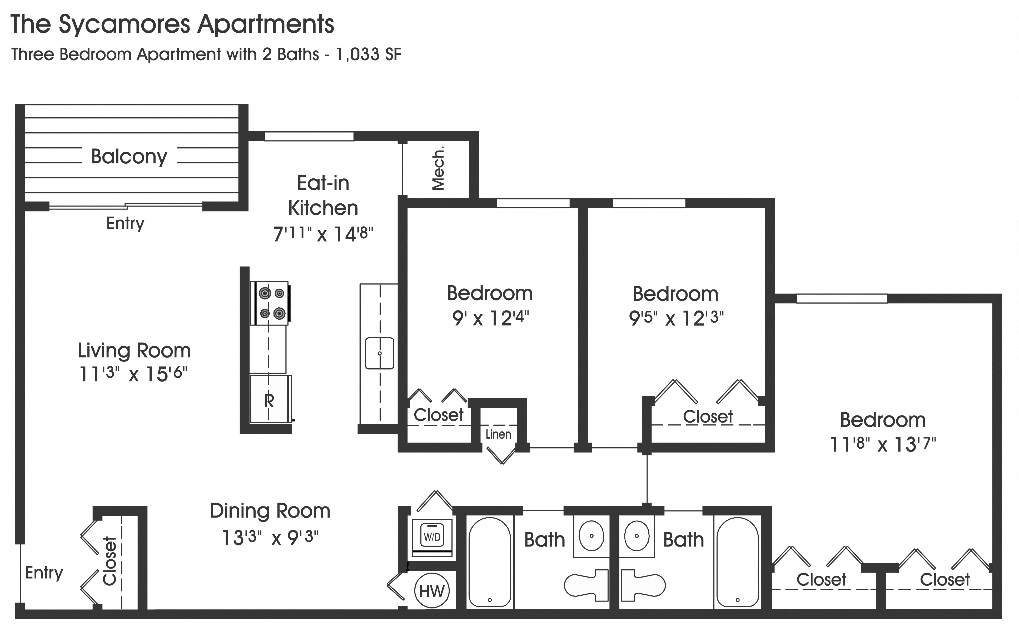 Floor plan for 3 beds, 2 baths, 1033 sqft
